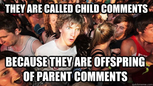 They are called child comments  because they are offspring of parent comments   Sudden Clarity Clarence