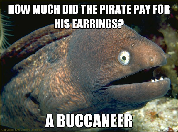 How much did the pirate pay for his earrings? A buccaneer - How much did the pirate pay for his earrings? A buccaneer  Bad Joke Eel