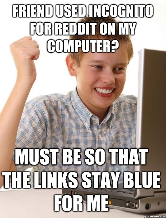 Friend used incognito for reddit on my computer? Must be so that the links stay blue for me - Friend used incognito for reddit on my computer? Must be so that the links stay blue for me  First Day on the Internet Kid