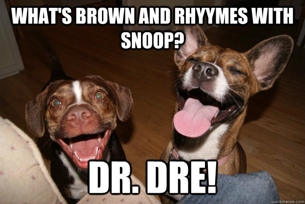 What's brown and rhyymes with snoop? Dr. Dre!  Clean Joke Puppies