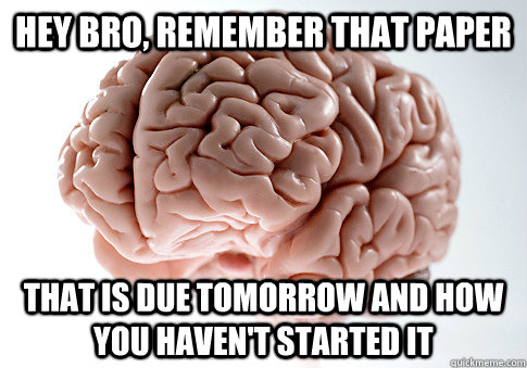 Hey bro, Remember that paper that is due tomorrow and how you haven't started it  Scumbag Brain