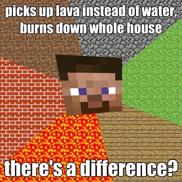 picks up lava instead of water, burns down whole house there's a difference?  Minecraft