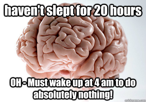 haven't slept for 20 hours OH - Must wake up at 4 am to do absolutely nothing!  Scumbag Brain