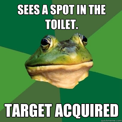 Sees a spot in the toilet. Target Acquired  Foul Bachelor Frog
