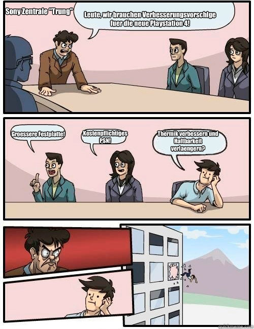 Leute, wir brauchen Verbesserungsvorschläge fuer die neue Playstation 4! Groessere Festplatte! Kostenpflichtiges PSN! Thermik verbessern und Haltbarkeit verlaengern? Sony Zentrale 