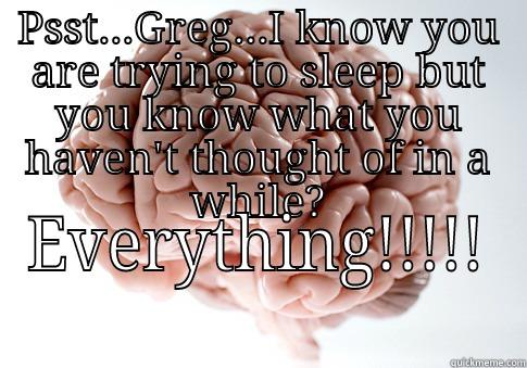 PSST...GREG...I KNOW YOU ARE TRYING TO SLEEP BUT YOU KNOW WHAT YOU HAVEN'T THOUGHT OF IN A WHILE? EVERYTHING!!!!! Scumbag Brain