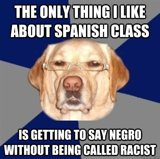the only thing i like about spanish class is getting to say negro without being called racist  Racist Dog