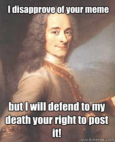  I disapprove of your meme but I will defend to my death your right to post it! -  I disapprove of your meme but I will defend to my death your right to post it!  Voltaire