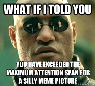 What if I told you you have exceeded the maximum attention span for a silly meme picture  What if I told you