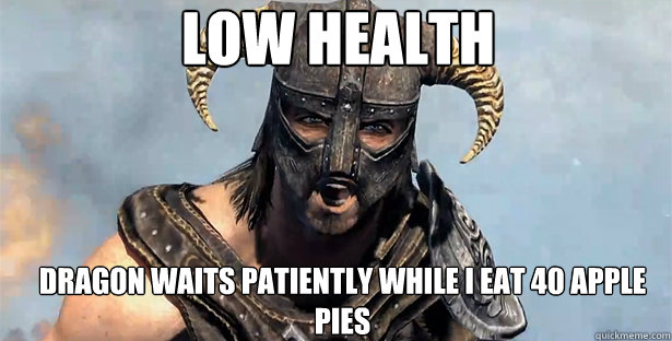 LOW HEALTH DRAGON WAITS PATIENTLY WHILE I EAT 40 APPLE PIES  skyrim