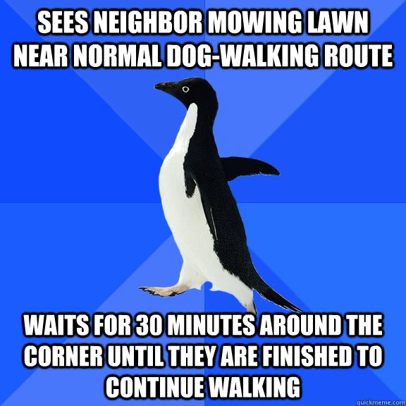 Sees Neighbor Mowing Lawn Near Normal dog-Walking Route waits for 30 minutes around the corner until they are finished to continue walking  Socially Awkward Penguin