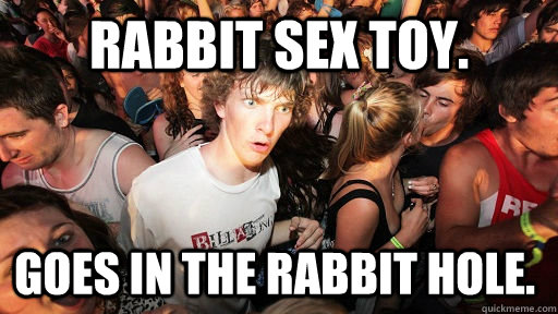 Rabbit sex toy. Goes in the rabbit hole.  Sudden Clarity Clarence