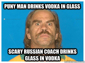 Puny man drinks vodka in glass Scary russian coach drinks glass in vodka   