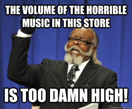 The volume of the horrible music in this store is too damn high!  Too Damn High