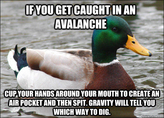 If you get caught in an avalanche Cup your hands around your mouth to create an air pocket and then spit. Gravity will tell you which way to dig. - If you get caught in an avalanche Cup your hands around your mouth to create an air pocket and then spit. Gravity will tell you which way to dig.  Actual Advice Mallard