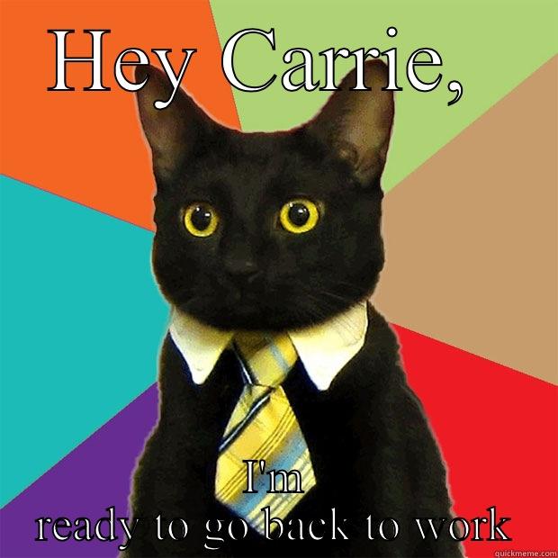 HEY CARRIE,  I'M READY TO GO BACK TO WORK Business Cat