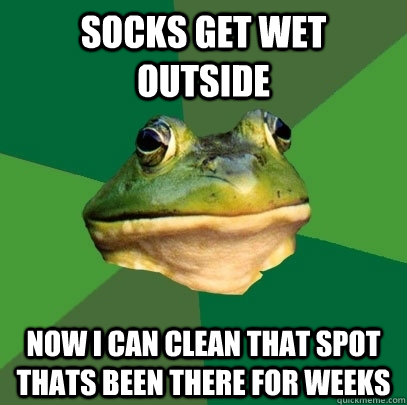Socks get wet outside Now I can clean that spot thats been there for weeks  Foul Bachelor Frog