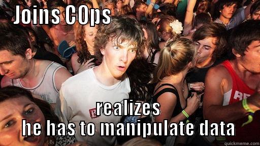 JOINS COPS                                    REALIZES HE HAS TO MANIPULATE DATA Sudden Clarity Clarence