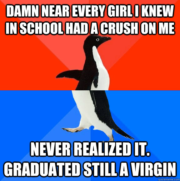 damn near every girl i knew in school had a crush on me never realized it. graduated still a virgin  Socially Awesome Awkward Penguin
