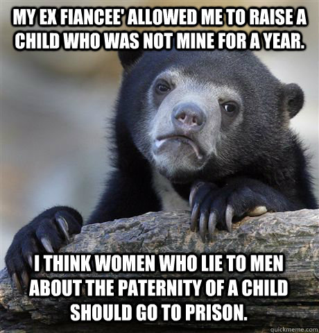 My ex fiancee' allowed me to raise a child who was not mine for a year. I think women who lie to men about the paternity of a child should go to prison. - My ex fiancee' allowed me to raise a child who was not mine for a year. I think women who lie to men about the paternity of a child should go to prison.  Confession Bear