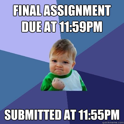 final assignment due at 11:59pm submitted at 11:55pm - final assignment due at 11:59pm submitted at 11:55pm  Success Kid