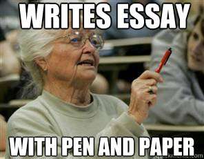 writes essay with pen and paper  Senior College Student