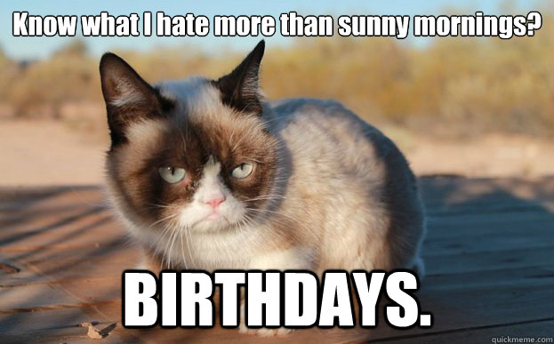 Know what I hate more than sunny mornings? BIRTHDAYS.  Grumpy Cat Birthdays