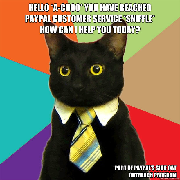 Hello *A-choo* You have reached 
Paypal customer service *sniffle* 
How can i help you today? *part of Paypal's sick cat
 outreach program - Hello *A-choo* You have reached 
Paypal customer service *sniffle* 
How can i help you today? *part of Paypal's sick cat
 outreach program  Business Cat