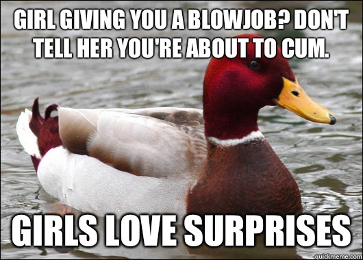 Girl giving you a blowjob? Don't tell her you're about to cum. Girls love surprises  Malicious Advice Mallard
