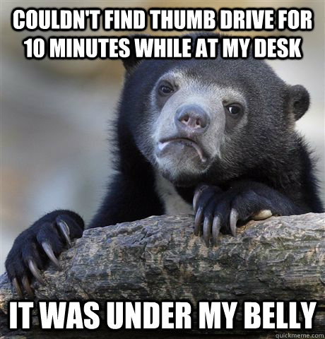 Couldn't find thumb drive for 10 minutes while at my desk It was under my belly  Confession Bear