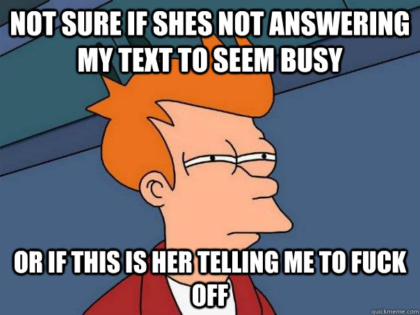 Not sure if shes not answering my text to seem busy or if this is her telling me to fuck off - Not sure if shes not answering my text to seem busy or if this is her telling me to fuck off  Futurama Fry