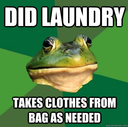 Did laundry Takes clothes from bag as needed  Foul Bachelor Frog