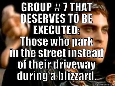 GROUP # 7 THAT DESERVES TO BE EXECUTED: THOSE WHO PARK IN THE STREET INSTEAD OF THEIR DRIVEWAY DURING A BLIZZARD. Downvoting Roman