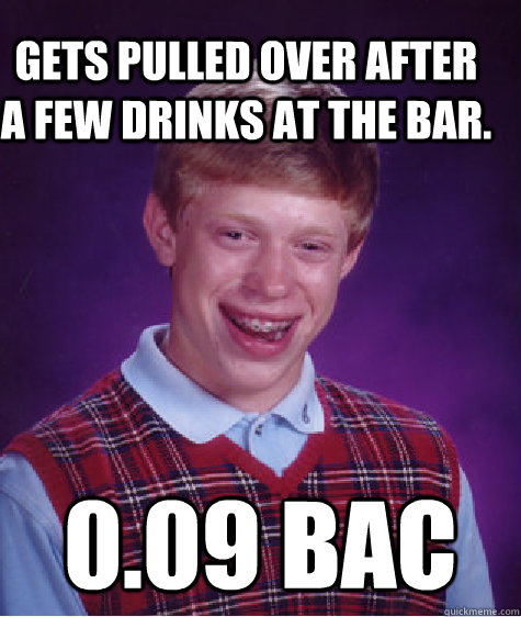Gets pulled over after a few drinks at the bar. 0.09 BAC  Bad Luck Brain