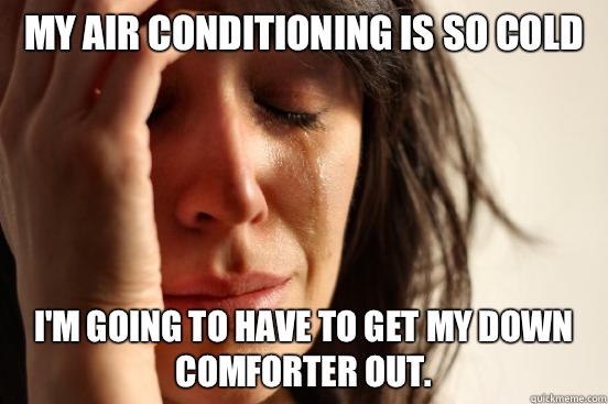 My air conditioning is so cold I'm going to have to get my down comforter out.   First World Problems