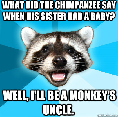 What did the chimpanzee say when his sister had a baby?  Well, I'll be a monkey's uncle.  Lame Pun Coon