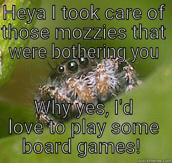 HEYA I TOOK CARE OF THOSE MOZZIES THAT WERE BOTHERING YOU WHY YES, I'D LOVE TO PLAY SOME BOARD GAMES!  Misunderstood Spider