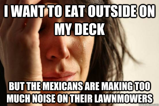 I want to eat outside on my deck but the mexicans are making too much noise on their lawnmowers  First World Problems