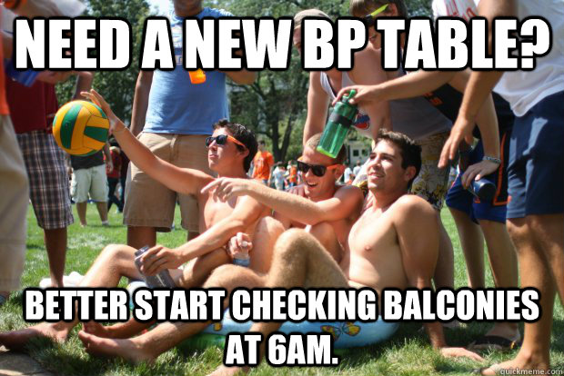 Need a new BP Table? Better start checking balconies at 6am.  Scumbag Water Polo Team
