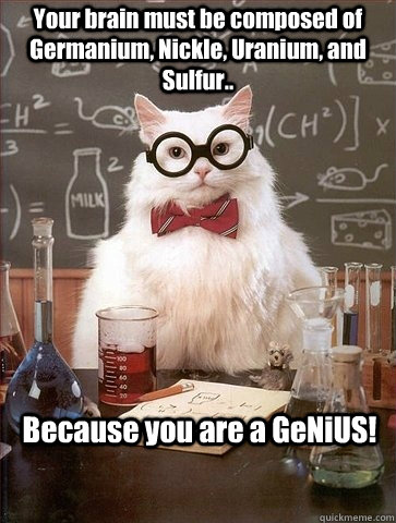 Your brain must be composed of Germanium, Nickle, Uranium, and Sulfur.. Because you are a GeNiUS!   Chemistry Cat