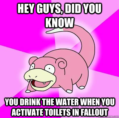 hey guys, did you know you drink the water when you activate toilets in fallout - hey guys, did you know you drink the water when you activate toilets in fallout  Slowpoke