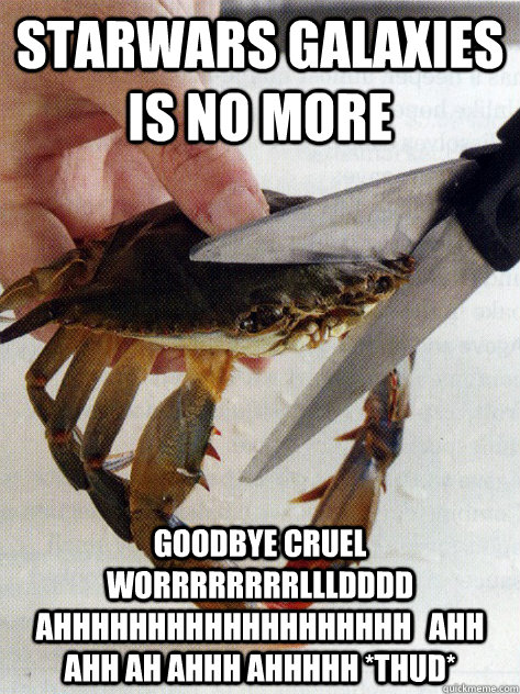 Starwars Galaxies is no more GOODBYE CRUEL WORRRRRRRRLLLDDDD AHHHHHHHHHHHHHHHHHHH   AHH AHH AH AHHH AHHHHH *thud*  Optimistic Crab