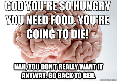 GOD YOU'RE SO HUNGRY YOU NEED FOOD, YOU'RE GOING TO DIE! Nah, you don't really want it anyway. Go back to bed.  Scumbag Brain