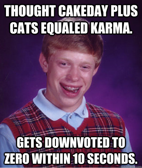 thought cakeday plus cats equaled karma. Gets downvoted to zero within 10 seconds.  Bad Luck Brian