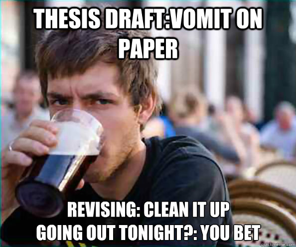 Thesis Draft:Vomit on Paper Revising: Clean it up
Going out tonight?: YOU BET  Lazy College Senior