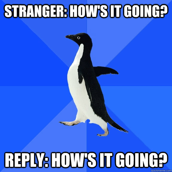 Stranger: How's it going? Reply: How's it going?  Socially Awkward Penguin