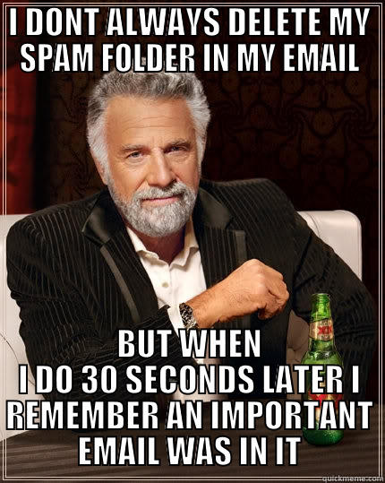 I DONT ALWAYS DELETE MY SPAM FOLDER IN MY EMAIL BUT WHEN I DO 30 SECONDS LATER I REMEMBER AN IMPORTANT EMAIL WAS IN IT The Most Interesting Man In The World