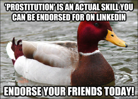 'Prostitution' is an actual skill you can be endorsed for on LinkedIn endorse your friends today!  Malicious Advice Mallard