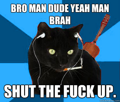 Bro man dude yeah man brah Shut the fuck up. - Bro man dude yeah man brah Shut the fuck up.  Socially Awkward Berklee Cat