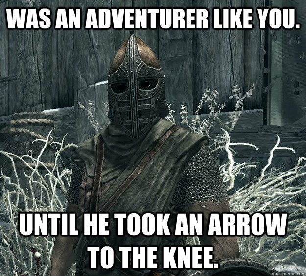 Was an adventurer like you. Until he took an arrow to the knee.  Skyrim Guard